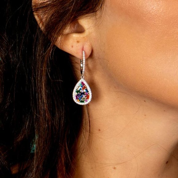 Silver 925 Multi Color Teardrop CZ Earrings - Picture 1 of 3